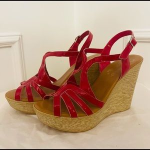 Callisto of California Hot Pink Vegan leather  cork wedge sandals - size 8